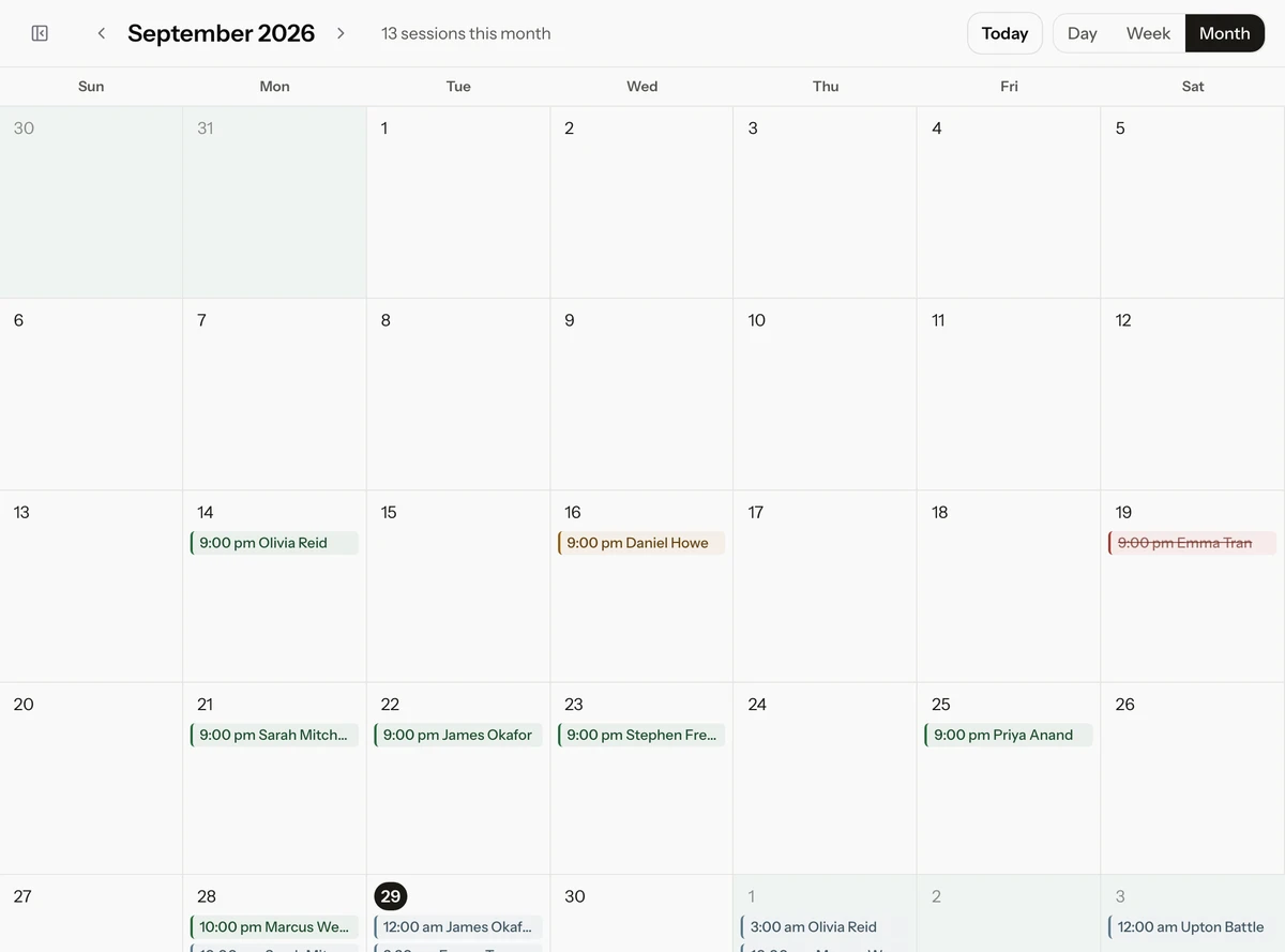 Addison's month calendar, with sessions from different funders on the same grid