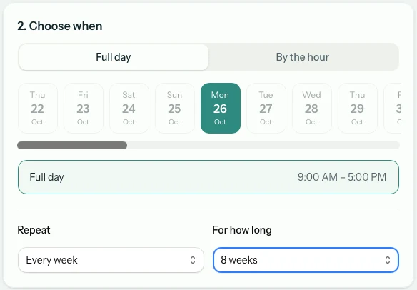 The public booking page for an office: full day or by the hour, a date picker, and a booking that repeats every week for 8 weeks