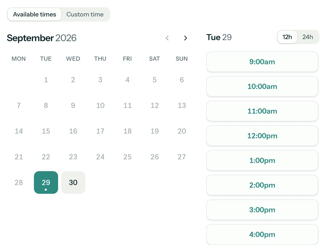Scheduling a session: a month picker beside the times still available that day